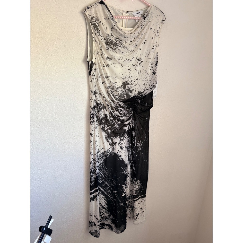 DKNY Black White Abstract Splatter Mesh Ruched Cowl Neck Midi Dress 14 new